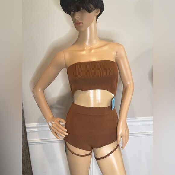 NWT Brown bandeau Ribbed Two-Piece Set - Picture 1 of 5
